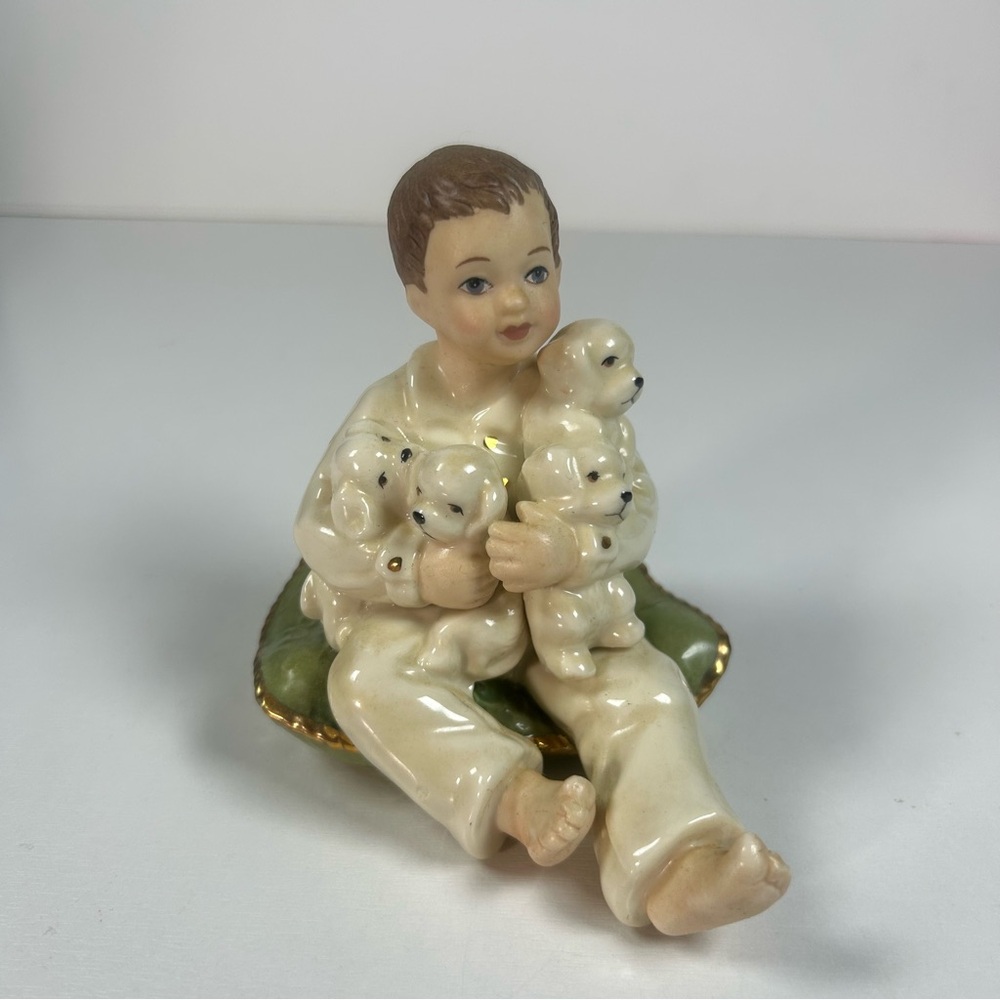 Lenox Fireplace Collection “Boy With Puppies “ Figurine Crafted  Cream 4.5in